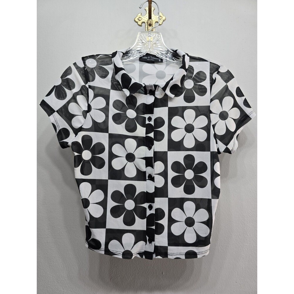 Mod Hippie Blouse Small Crop Black White Sheer Daisy Geometric Collar Button-Up
